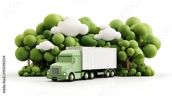 Fototapeta A stylized 3D rendering of a green semi truck with a white cargo container parked amidst a lush pastel colored landscape of soft trees and clouds on a clean white background