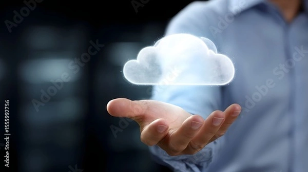 Fototapeta A man s hand holding a glowing cloud icon symbolizing the power of cloud computing and digital technology in a professional futuristic setting