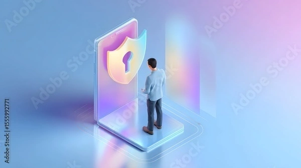 Fototapeta Isometric 3D of a man standing in front of a large smartphone displaying a glowing security shield icon with a keyhole suggesting secure mobile access and digital identity protection