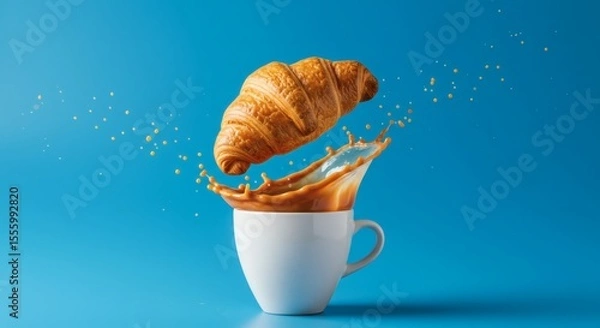 Obraz A croissant levitating above a white coffee cup with a dramatic splash, set against a clean blue background, surreal breakfast concept blending motion.