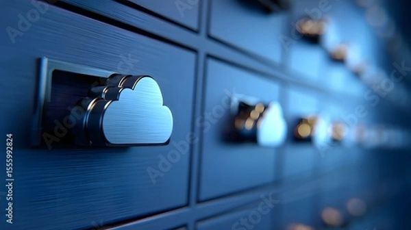Fototapeta Close up view of a modern blue filing cabinet with drawers marked by raised 3D cloud icons suggesting digital file organization and cloud based storage in a corporate workplace setting