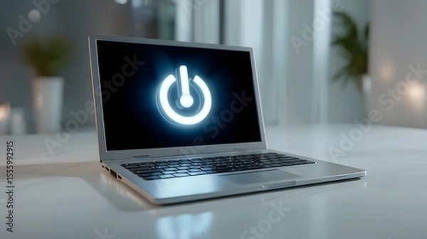 Fototapeta A minimalist silver laptop with a large glowing power button icon displayed prominently on the screen creating a clean and modern tech setup