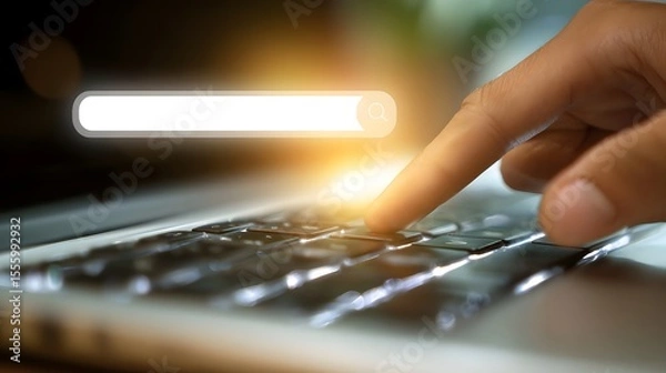 Fototapeta Close up of a hand interacting with a laptop keyboard with a bright floating search bar above the keys suggesting the concept of online research and digital