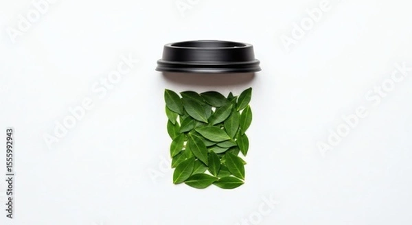 Obraz A black lid and scattered green leaves form a creative tea cup silhouette, captured on a white background, visual metaphor for organic.