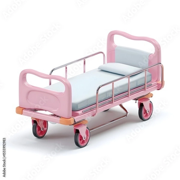 Fototapeta Soft rounded hospital stretcher bed with pink frame and white mattress designed for patient comfort and easy mobility in a clinical setting
