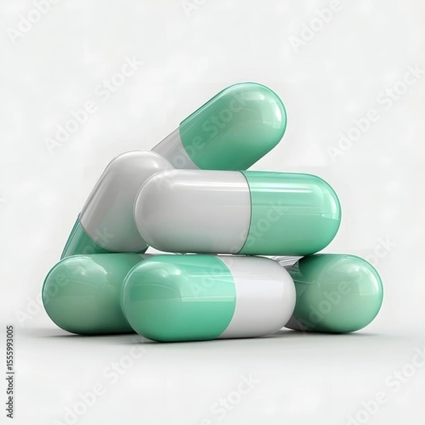 Fototapeta A stack of glossy mint green and white medication capsules and tablets against a clean white background