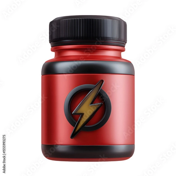 Fototapeta A compact 3D icon depicting a shiny red and black plastic battery or energy container with a lightning bolt symbol set against a white background