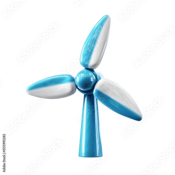 Fototapeta A simple clean 3D wind turbine icon with thick stylized blades in a vibrant blue and white color scheme centered on a white background