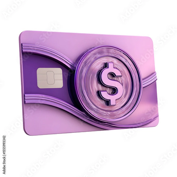 Fototapeta A shiny purple 3D credit card icon with a round dollar coin symbol overlay suggesting digital financial transactions and payments
