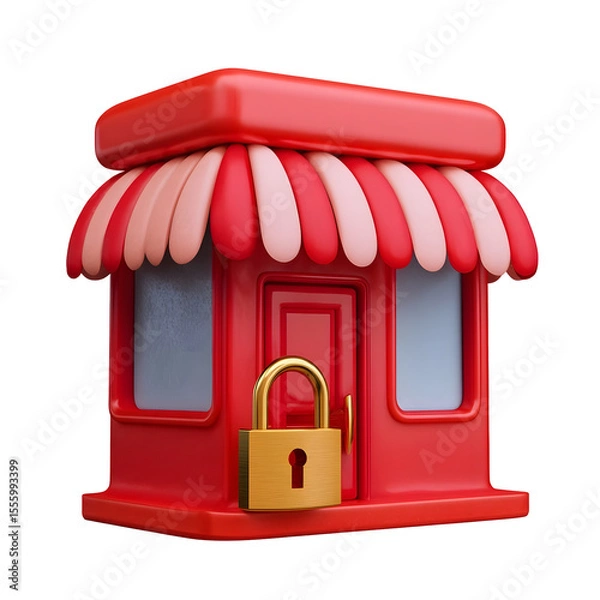Fototapeta A vibrant red 3D storefront icon featuring a prominent lock representing security and restricted access for a commercial establishment