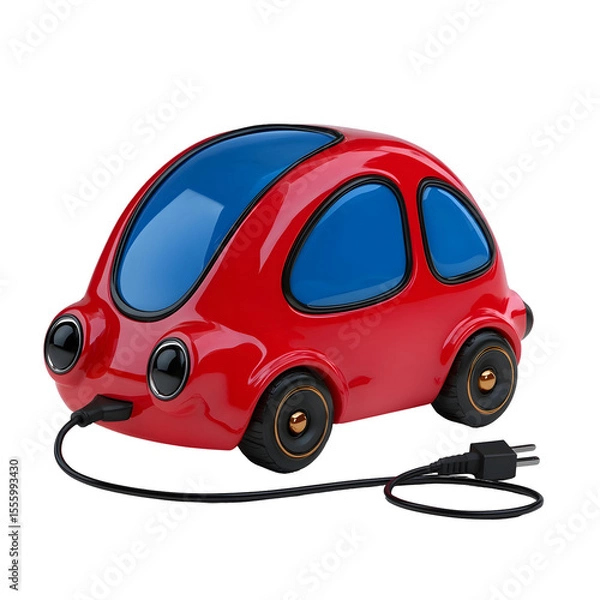 Fototapeta A stylized compact 3D electric car icon in a glossy red color with blue and a black charging cable ending in a plug conveying a sense of modern eco friendly technology and playful accessible design