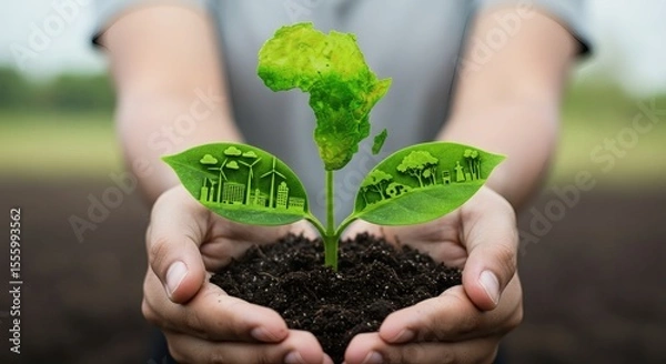 Obraz A symbolic plant growing from soil held by hands, with Africa-shaped leaf and buildings, windmills, trees carved into side leaves.