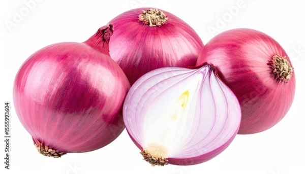 Fototapeta Pile of vibrant red onions with contrasting cut bulb revealing inner rings