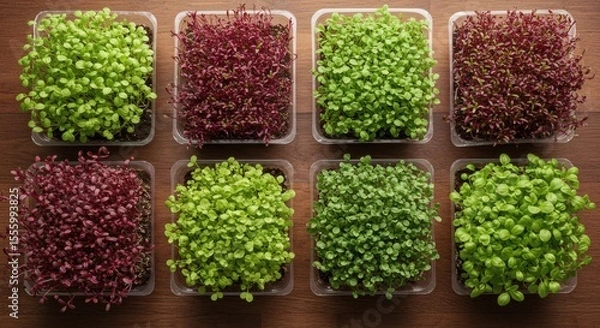 Obraz Aerial shot of nine different types of microgreens growing in plastic trays, natural lighting, earthy wooden table.