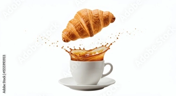 Obraz Artistic shot of a croissant mid-air over coffee splash, white background, white cup and saucer below, concept art for breakfast energy.
