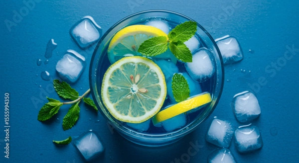 Obraz Cool blue liquid surface with scattered ice cubes, bright lemon wedges, and fresh green mint. A vibrant, crisp, and clean shot.