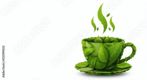 Obraz Creative illustration of a tea cup composed of layered green leaves with leafy steam, isolated on white, representing organic tea, natural health.