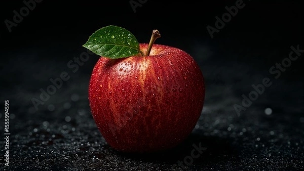 Fototapeta Fresh Red Apple with single leaf