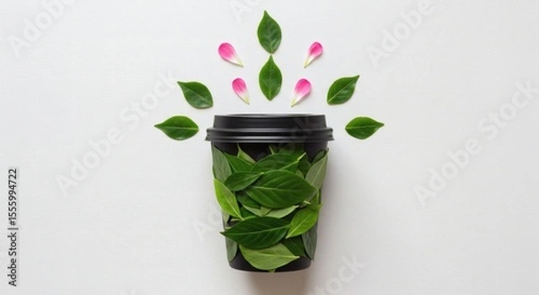 Obraz Flat lay artwork with a black to-go cup lid above a composition of fresh leaves and flower petals, forming a cup shape, minimal eco design for natural beverage.