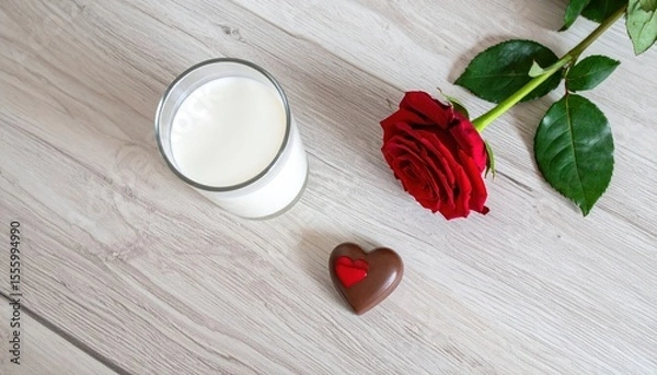 Fototapeta Romantic composition with red rose, chocolate heart and scented candle on wooden background