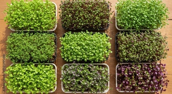 Obraz Nine trays of assorted microgreens in various growth stages on rustic wooden table, overhead view, showing vibrant green.