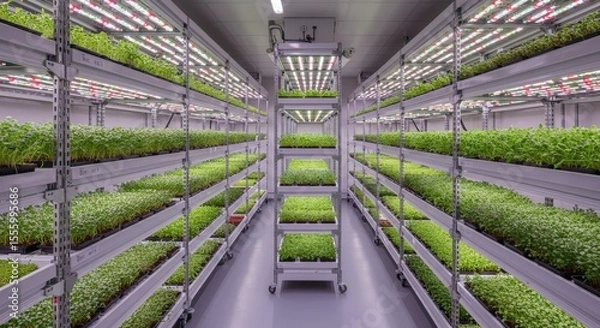Obraz Vertical microgreens growing room with mobile shelving units, trays filled with fresh green sprouts under grow lights.
