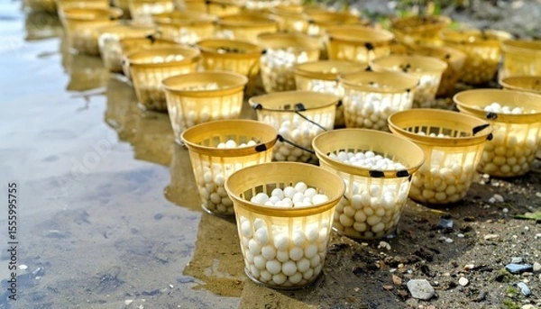Fototapeta Rows of Baskets Filled with White Spheres Near Water, a Study in Texture