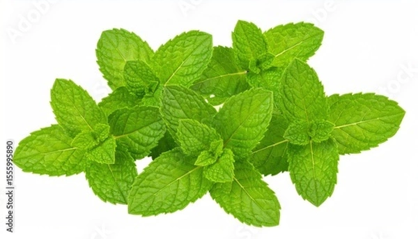 Fototapeta Refreshing close-up of vibrant green mint leaves isolated on a clear background