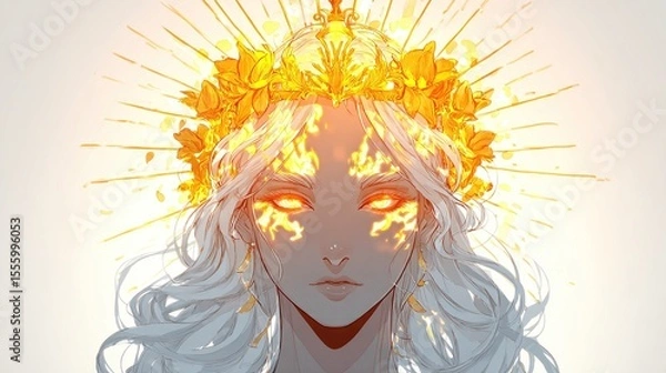Fototapeta Radiant, fiery goddess with a golden crown of blossoms.  Sunbeams radiate from her head