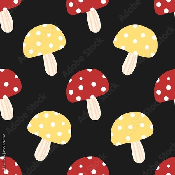 Fototapeta Colorful red and yellow mushrooms with white dots on black background. Fun and quirky pattern perfect for fabric, kids design, and woodland themes.