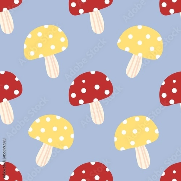 Fototapeta Colorful red and yellow mushrooms with white dots on blue background. Fun and quirky pattern perfect for fabric, kids design, and woodland themes.