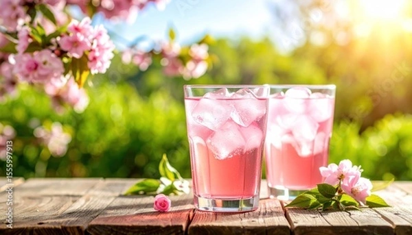 Fototapeta Refreshing pink lemonade with ice on a rustic wooden table under blossom tree