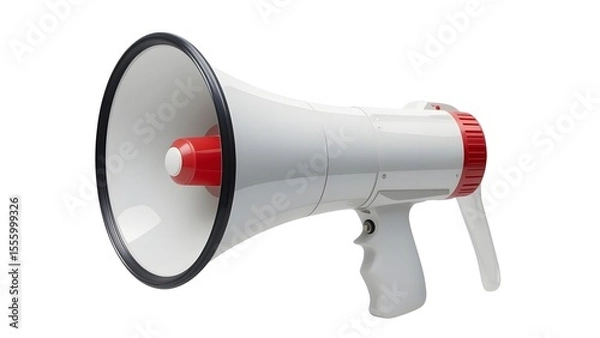 Fototapeta White megaphone bullhorn loud speaker voice amplifier communication tool for public speaking and announcements on transparent background