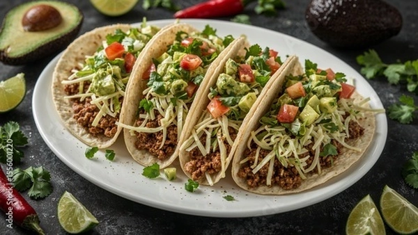 Obraz Taco White Plate with Seasoned Meat and Fresh Toppings