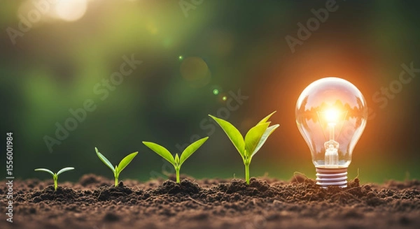 Fototapeta Growing seedlings with a glowing lightbulb; concept of growth and innovation