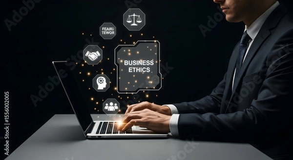 Fototapeta Businessperson working on a laptop with holographic icons related to business ethics displayed