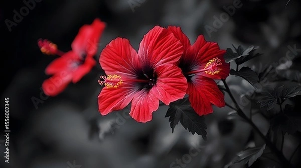 Fototapeta Vibrant Red Hibiscus Flowers in Monochrome Background