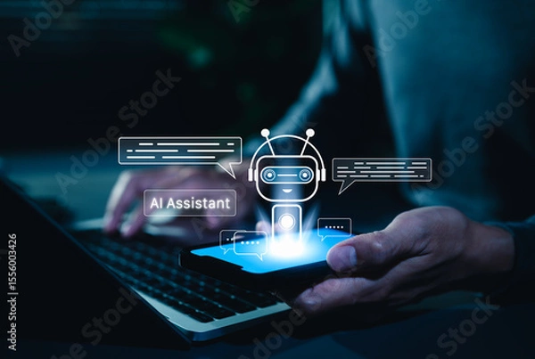 Obraz AI chatbot virtual assistant technology concept. Person using smartphone chat with AI chatbot that has dialogue bubbles, representing artificial intelligence, help, smart customer service technology,
