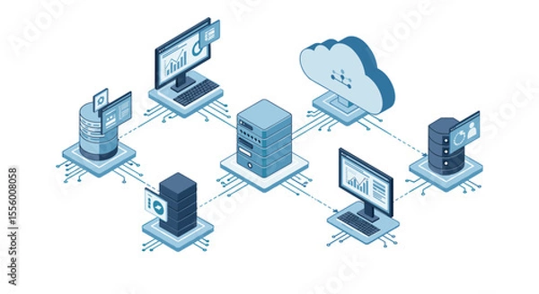 Obraz Isometric server network vector illustration for cloud computing and data management design