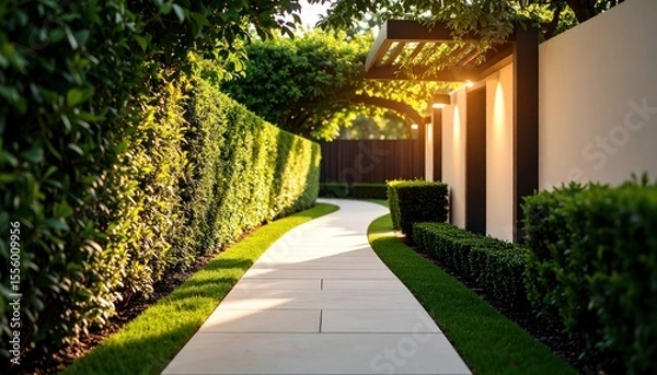 Fototapeta Serene Garden Pathway with Sculpted Hedges and Golden Hour Illumination