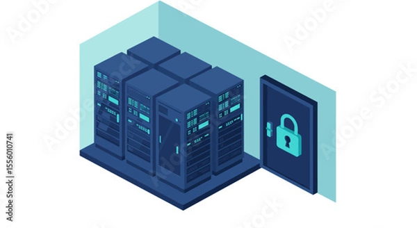 Obraz Data security in server room vector illustration for technology themed designs in isometric style