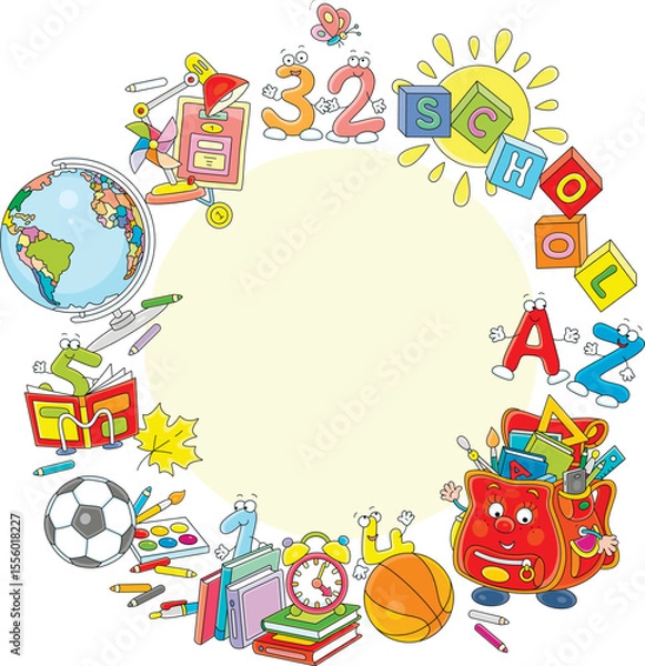 Obraz School round frame border with educational objects and funny cartoon characters, vector illustration on a white background
