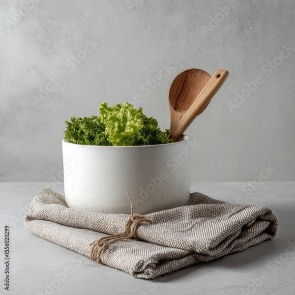 Fototapeta White bowl filled with fresh lettuce, accompanied by a wooden serving spoon, rests on a folded linen napkin against a neutral backdrop