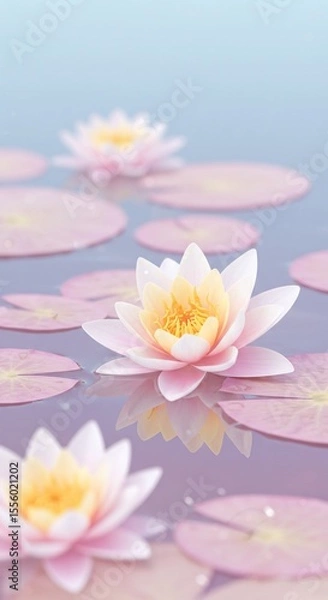 Fototapeta 水面に浮かぶ淡いピンク睡蓮 優雅な花びら 静かな水面