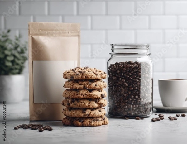 Fototapeta A stack of chocolate chip cookies sits beside a jar of coffee beans and a bag of coffee; a cup of coffee and scattered beans complete the scene