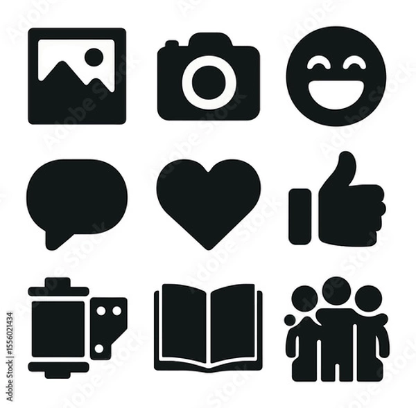 Fototapeta Fun Memories Icons. Solid, filled icons set of fun memories: photo frame, camera, laughing face, chat bubble,