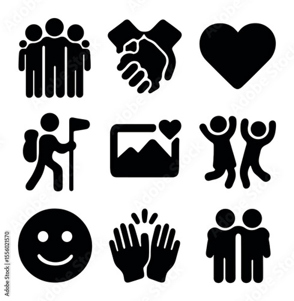 Fototapeta Friendship Icon Set. Solid, filled icons set of friendship goals: group hug, matching bracelets, heart icon,