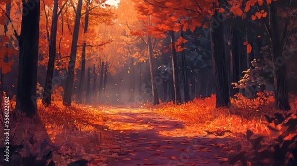 Fototapeta A vibrant autumn forest path with falling leaves and warm sunlight filtering through the trees
