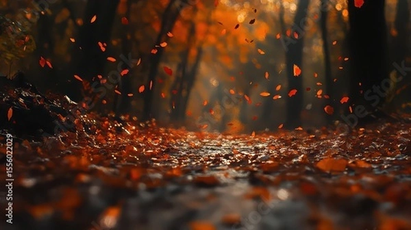 Fototapeta Autumn leaves falling in a forest with a ground covered in leaves and trees in the background
