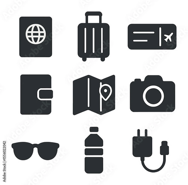Fototapeta Travel Essentials Grid. Solid, filled icons set of travel essentials: passport, suitcase, boarding pass,